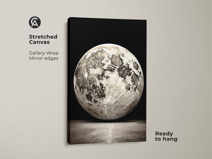 Stretched canvas abstract moon artwork with gallery wrap and mirrored edges. This celestial space wall art print is ready to hang. Features a contemporary black and white lunar craters art style.