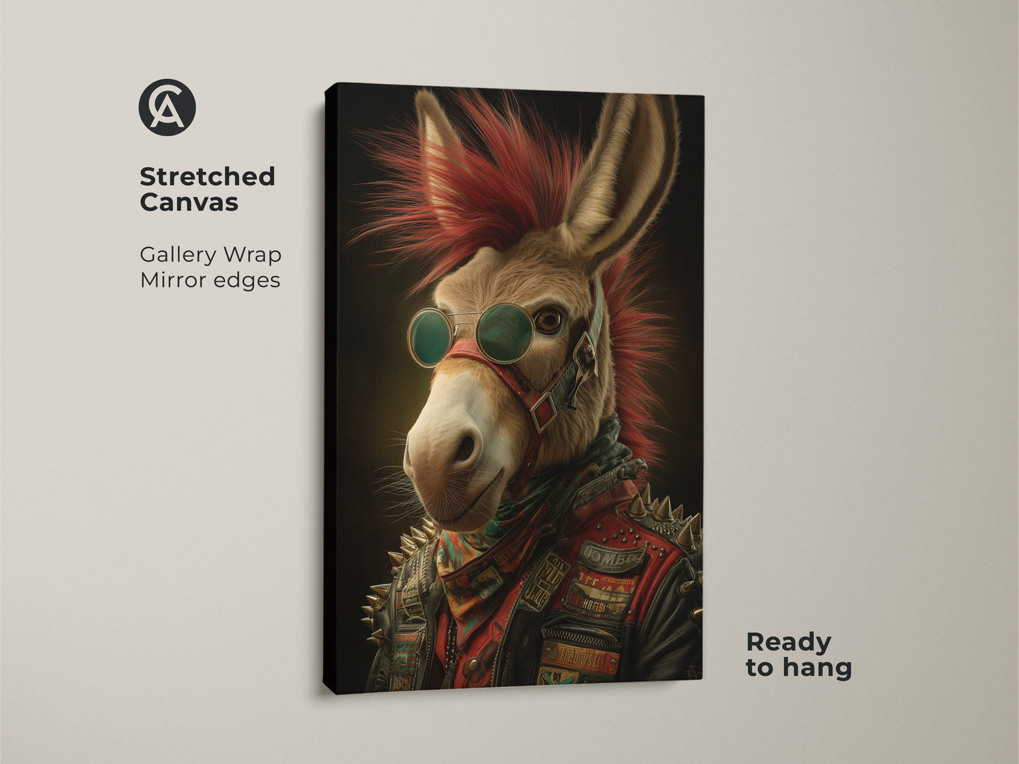 Stretched canvas rockstar donkey artwork. This gallery-wrapped punk rock animal print features mirror edges. The art shows a donkey with a red mohawk & leather jacket. Ready to hang music lover gift.
