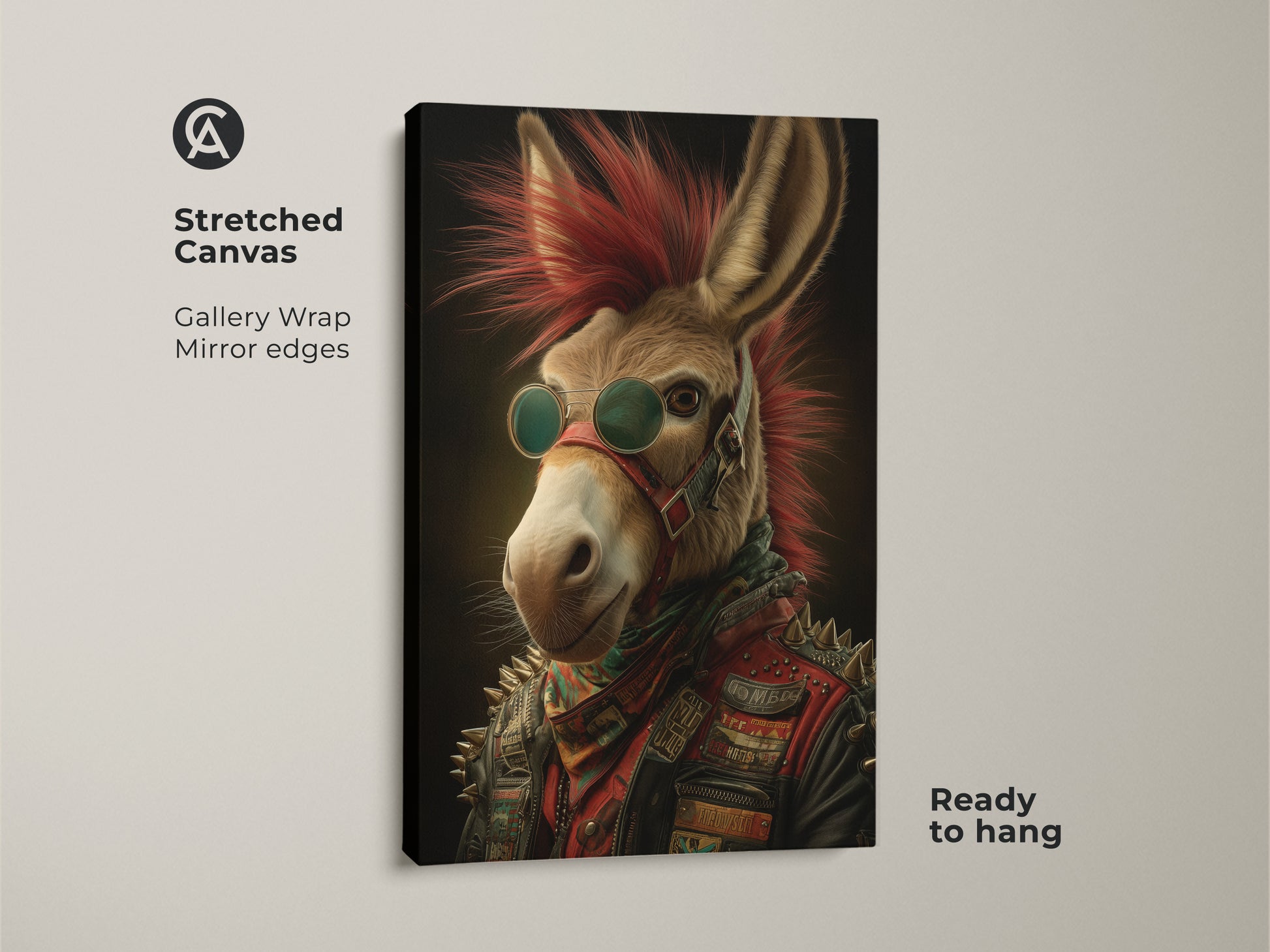 Stretched canvas rockstar donkey artwork. This gallery-wrapped punk rock animal print features mirror edges. The art shows a donkey with a red mohawk & leather jacket. Ready to hang music lover gift.