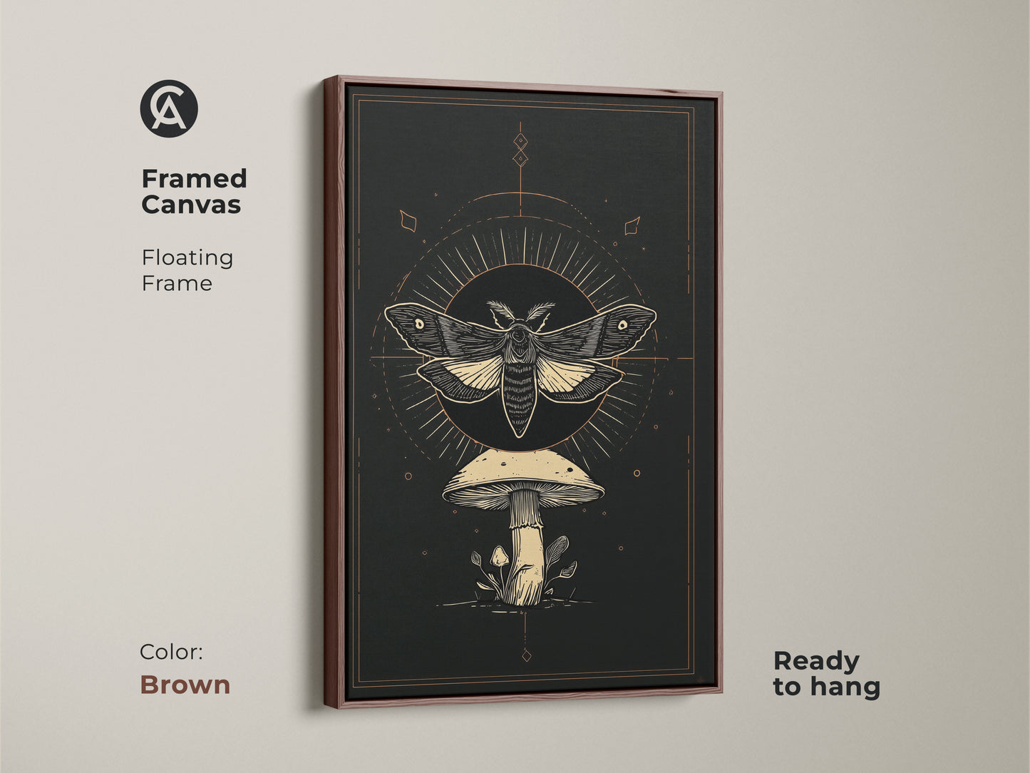 Framed canvas with a floating frame showcasing a Gothic-inspired moth and mushroom artwork. The brown frame complements the dark academia art print. It features an occult mushroom decor and celestial insect art. Ready to hang this botanical moth print adds warmth.