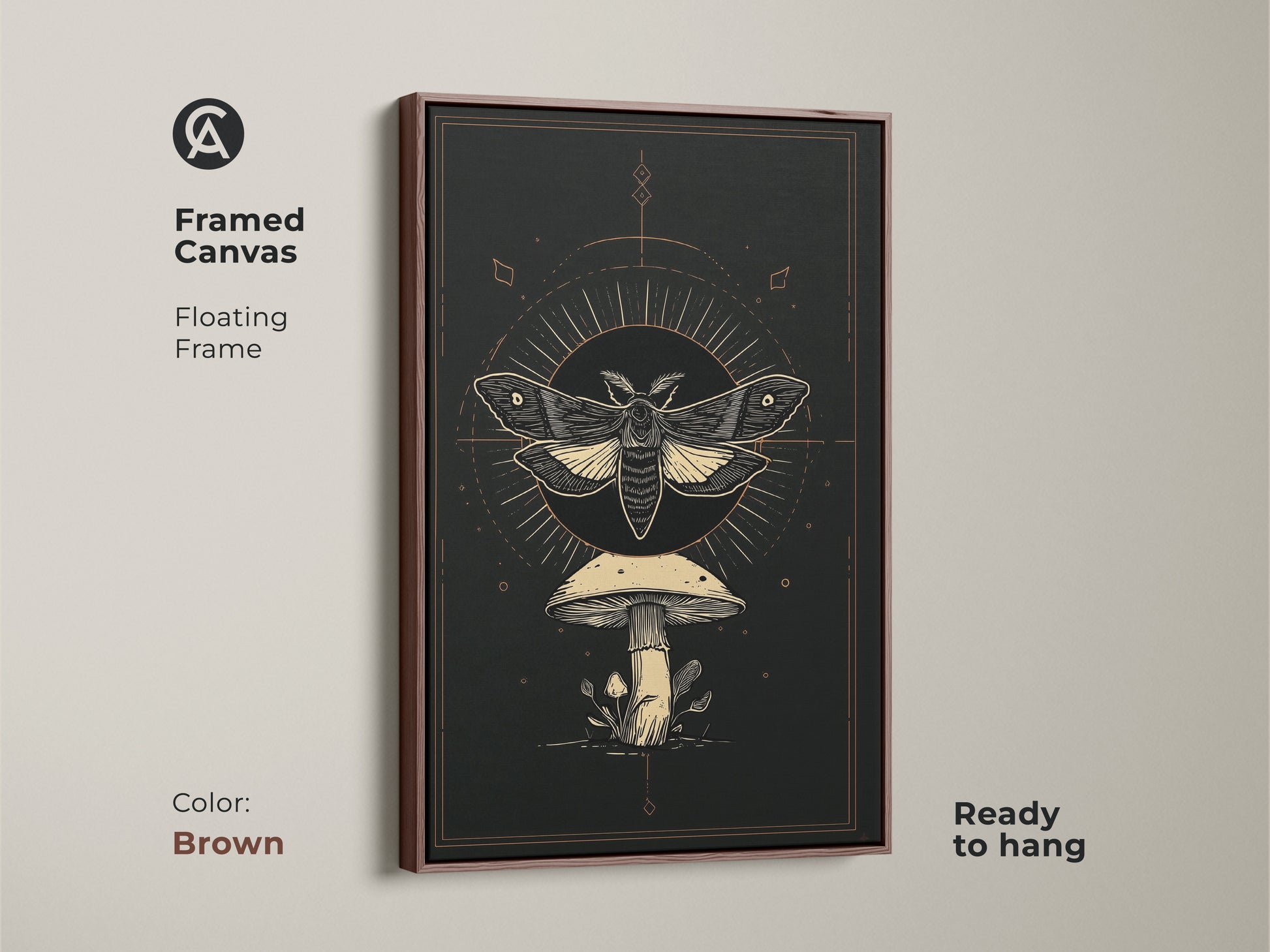 Framed canvas with a floating frame showcasing a Gothic-inspired moth and mushroom artwork. The brown frame complements the dark academia art print. It features an occult mushroom decor and celestial insect art. Ready to hang this botanical moth print adds warmth.