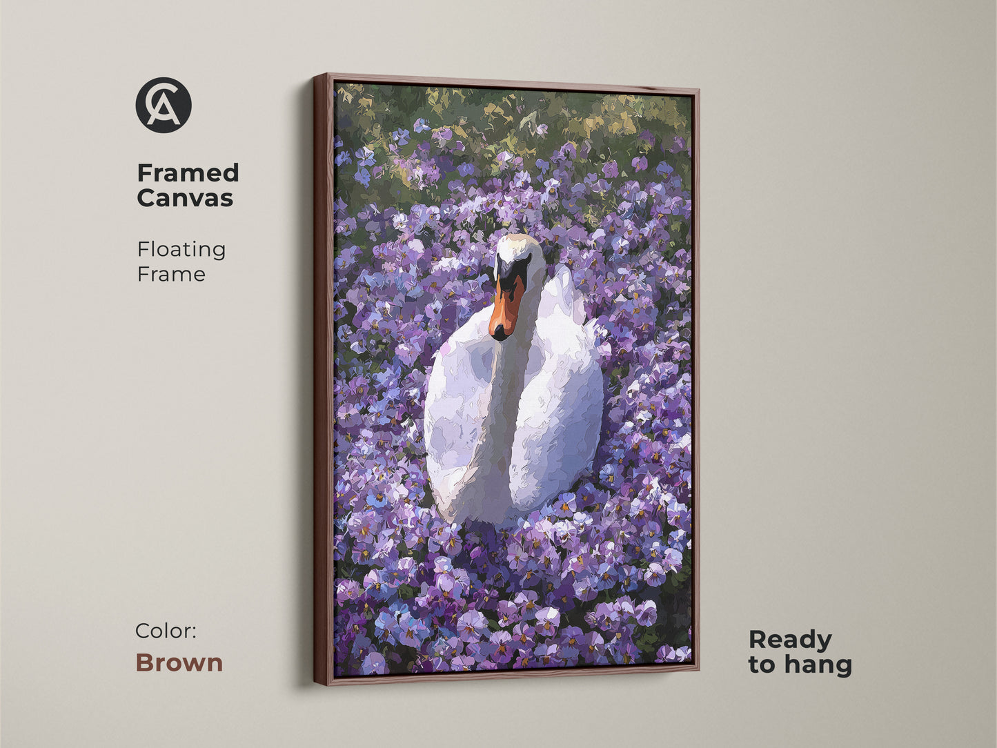 Framed canvas of the Botanical Swan artwork in a brown floating frame. This purple floral wall art features an impressionist style. It is ready to hang. It is a great boho nature decor piece.