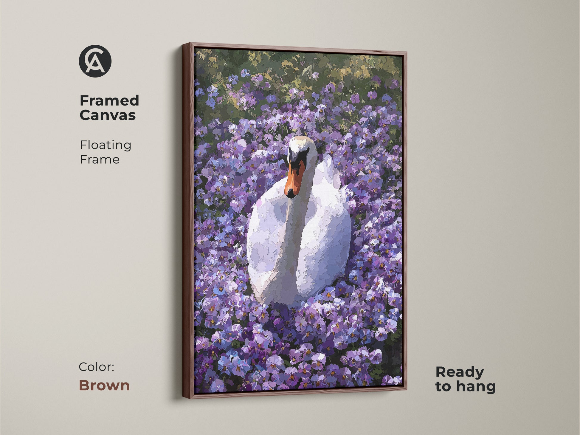 Framed canvas of the Botanical Swan artwork in a brown floating frame. This purple floral wall art features an impressionist style. It is ready to hang. It is a great boho nature decor piece.