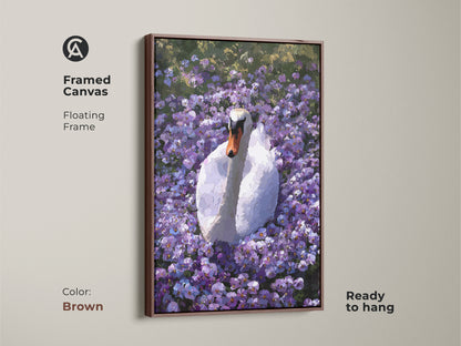 Framed canvas of the Botanical Swan artwork in a brown floating frame. This purple floral wall art features an impressionist style. It is ready to hang. It is a great boho nature decor piece.