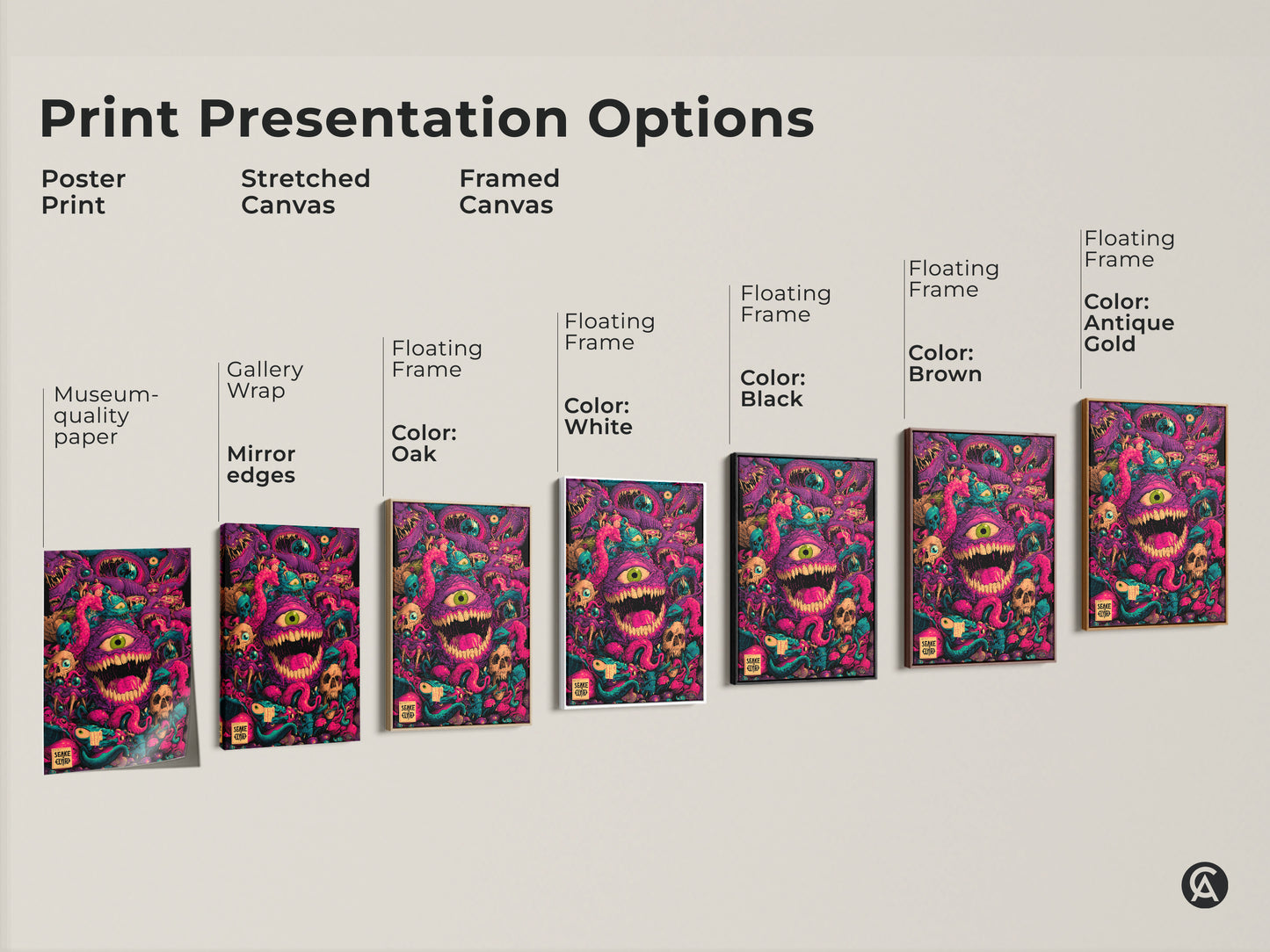 Explore print presentation options. See poster stretched canvas & framed canvas options. Choose from museum-quality paper gallery wrap or floating frames. Customize with oak white black brown or antique gold frames. Find the perfect style for your monster artwork.