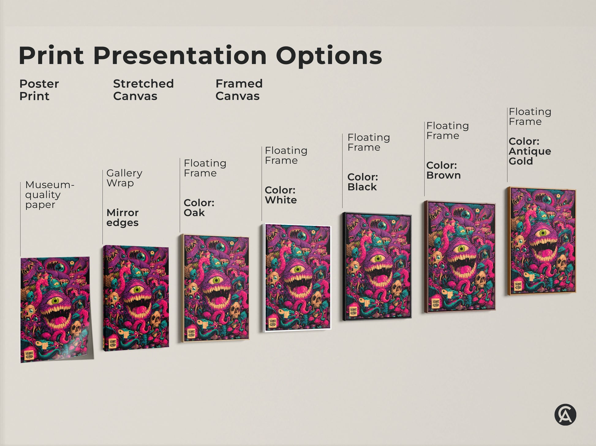 Explore print presentation options. See poster stretched canvas & framed canvas options. Choose from museum-quality paper gallery wrap or floating frames. Customize with oak white black brown or antique gold frames. Find the perfect style for your monster artwork.