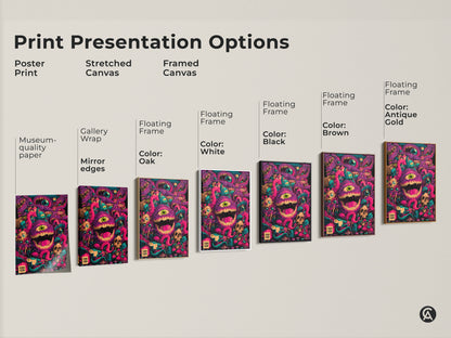 Explore print presentation options. See poster stretched canvas & framed canvas options. Choose from museum-quality paper gallery wrap or floating frames. Customize with oak white black brown or antique gold frames. Find the perfect style for your monster artwork.