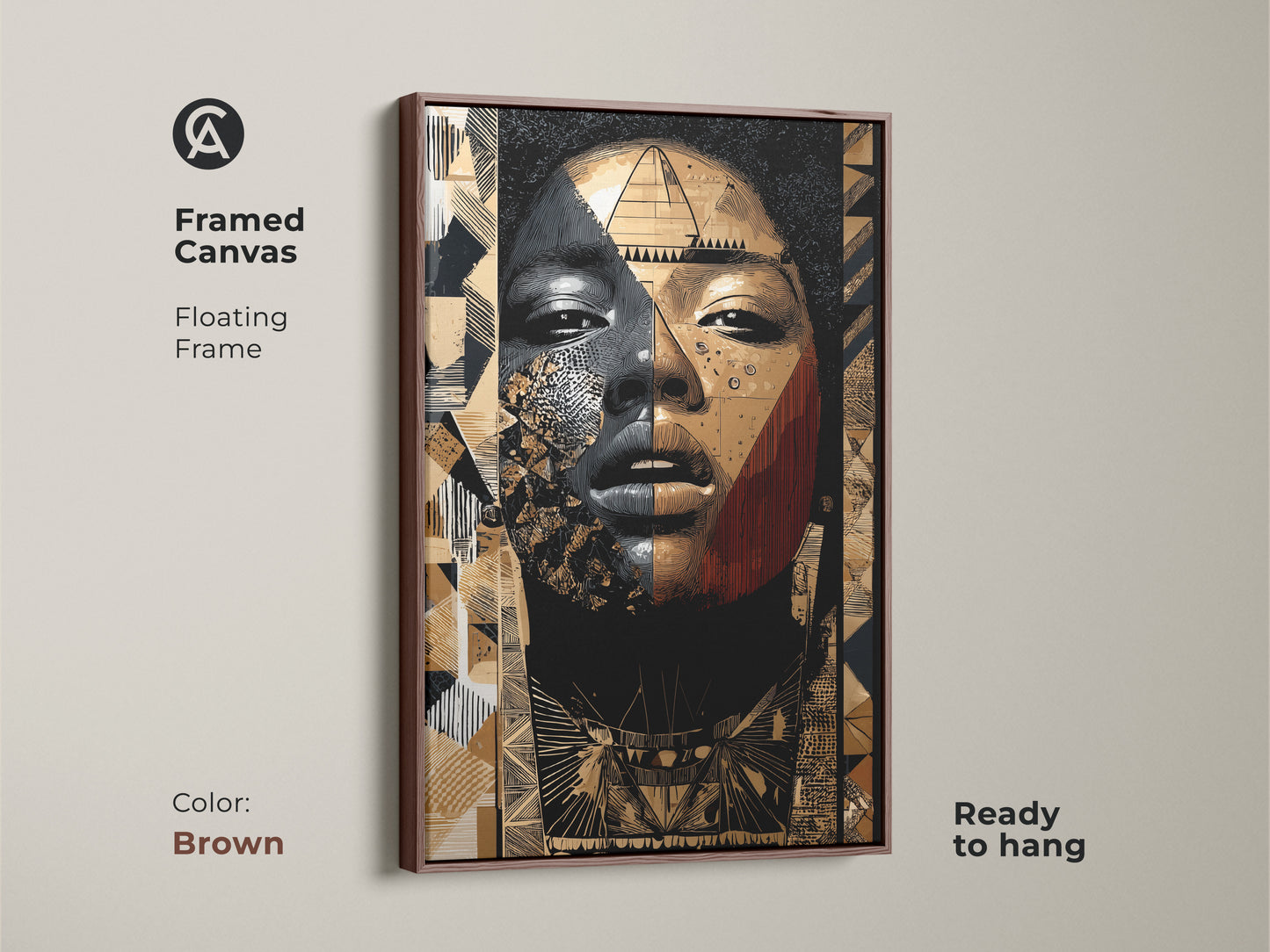 Framed canvas of an abstract woman portrait. The floating frame is brown and ready to hang. Features tribal geometric artwork in gold black and tan colors. Perfect wall art for modern home decor.