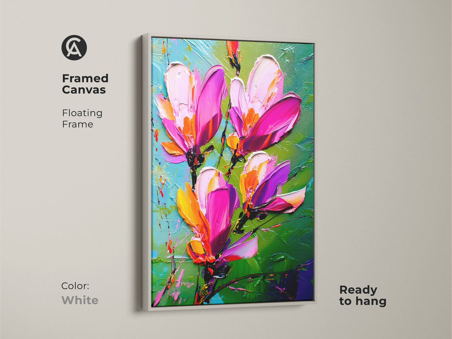 Framed canvas showcases textured floral artwork with a white floating frame. Pink magnolia wall art offers a fresh botanical touch. Magenta and pink flowers add vibrant color. Modern botanical canvas ready to enhance any room with natural beauty.