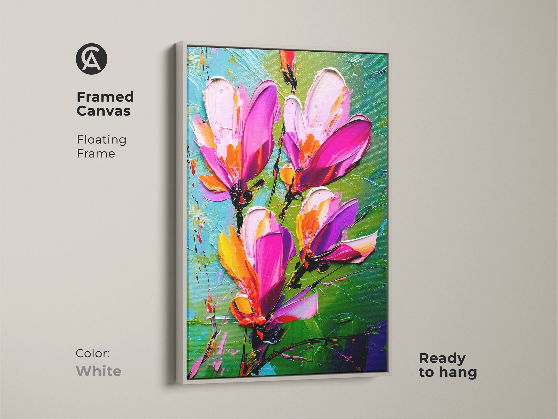 Framed canvas showcases textured floral artwork with a white floating frame. Pink magnolia wall art offers a fresh botanical touch. Magenta and pink flowers add vibrant color. Modern botanical canvas ready to enhance any room with natural beauty.