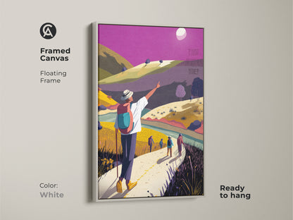 White framed canvas displaying a flat art print of hikers. This scenic mountain canvas adds a touch of boho to any room. The yellow green purple artwork is ready to hang. It's nature lover wall art.