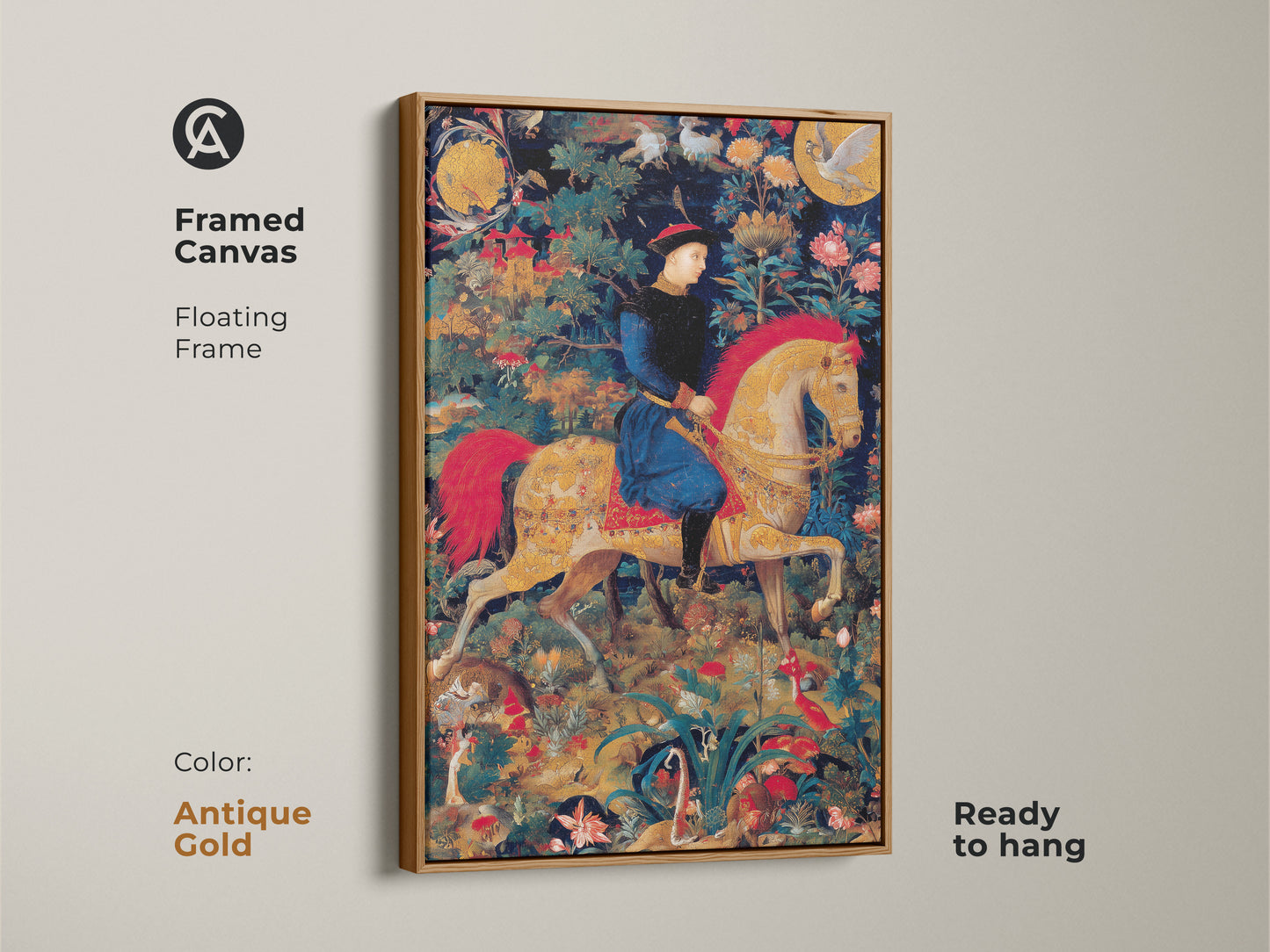 This framed canvas print displays a medieval knight on horseback. The floating frame is antique gold. The emerald green and gold tapestry art is ready to hang. It creates a historical fantasy atmosphere. This eclectic wall art is perfect for adding a vintage touch to your home.