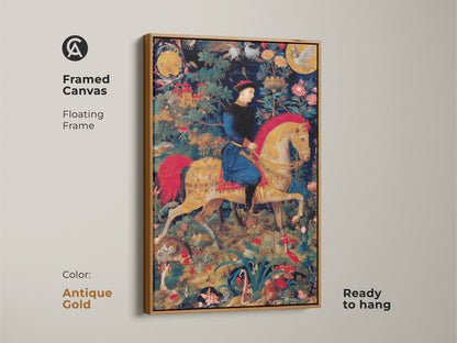 This framed canvas print displays a medieval knight on horseback. The floating frame is antique gold. The emerald green and gold tapestry art is ready to hang. It creates a historical fantasy atmosphere. This eclectic wall art is perfect for adding a vintage touch to your home.