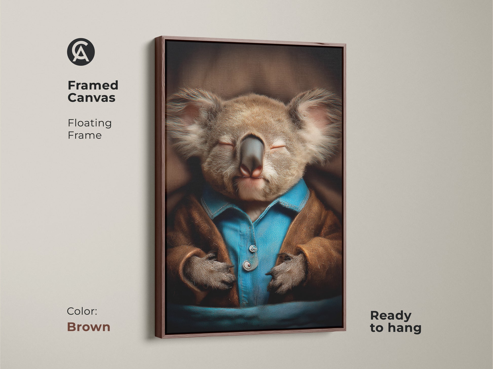 Brown framed canvas of a sleeping koala. This floating frame art is ready to hang. The realistic animal print in cozy pajamas brings sweetness. The warm brown and blue palette creates a calming vibe. Perfect for nursery wall decor or as a thoughtful gift for new parents. This piece blends realism and charm.