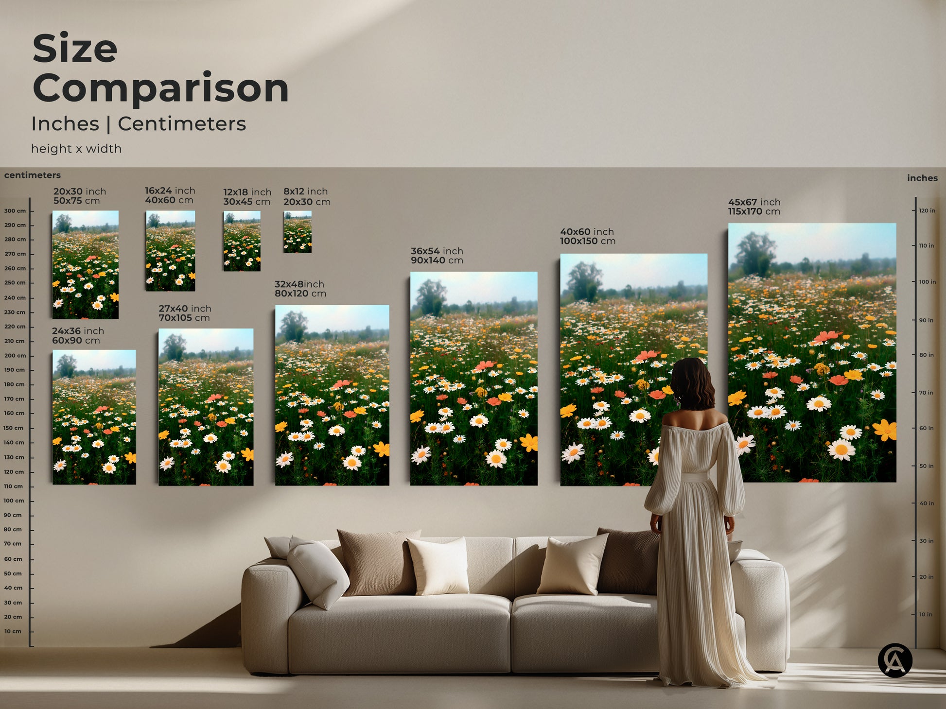 Size comparison featuring a woman standing next to daisy field canvas prints. This art is available in various sizes. Find the perfect scale for your space with this botanical floral artwork. It's a great addition to any home.