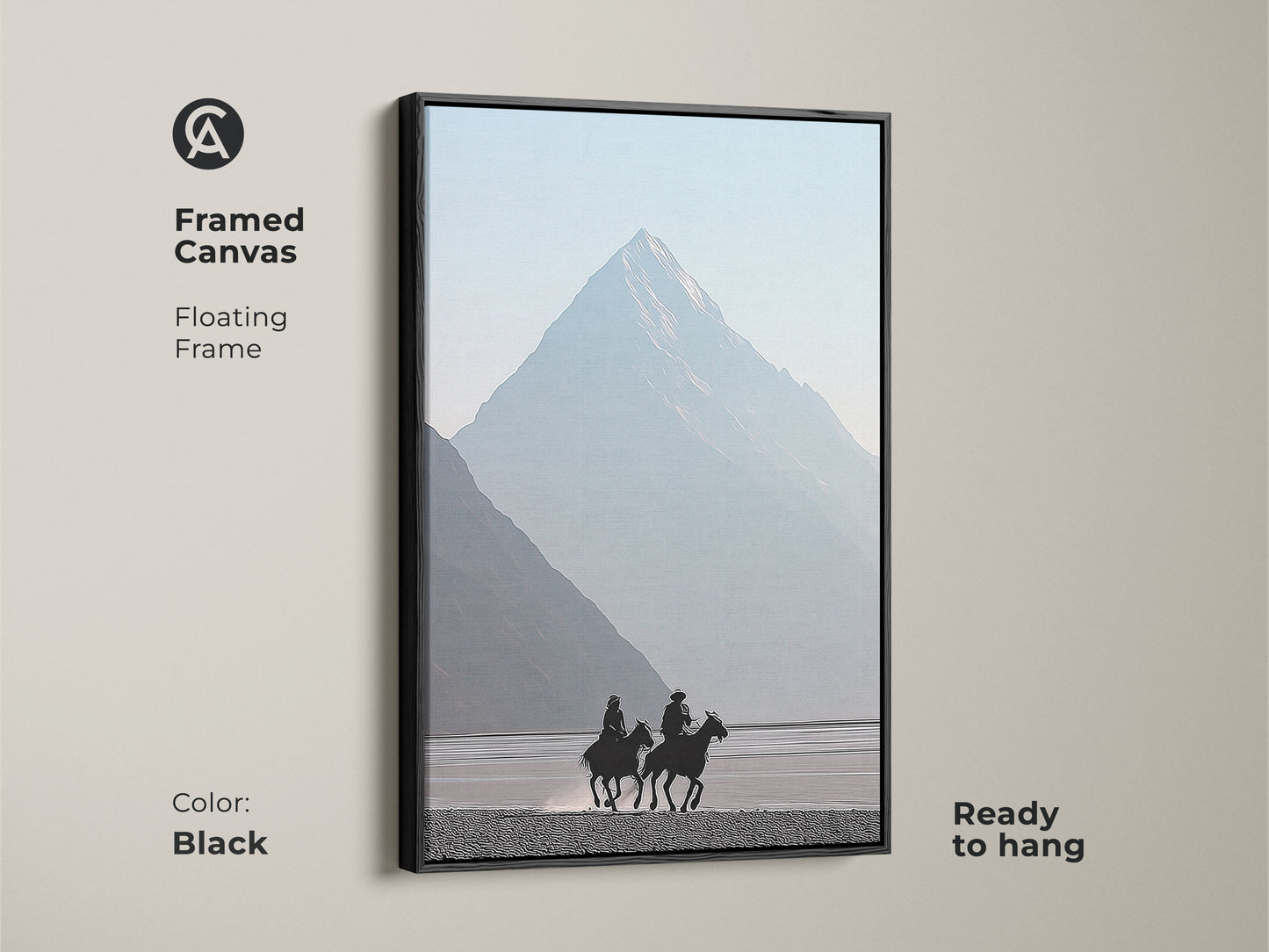 Framed canvas showcases a minimalist cowboy art. Black floating frame adds elegance. Misty blue mountain backdrop evokes a peaceful scene. Ready to hang equestrian wall decor for a modern touch. Ideal for man cave or rustic home decor.