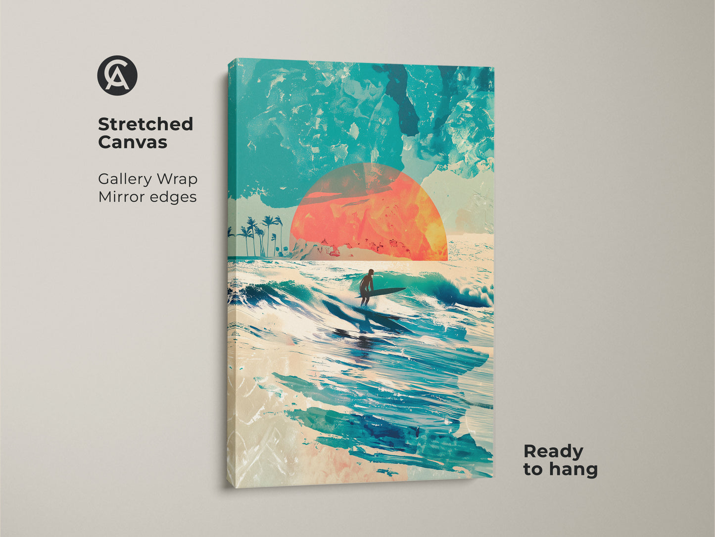 This stretched canvas artwork captures a serene surf scene. A surfer glides on a wave beneath a vibrant sunset. The gallery wrap and mirrored edges give a modern look. Ready to hang this piece of art will enhance your home decor. Add a touch of beach vibes today.