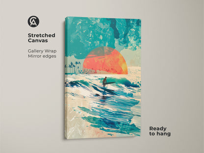 This stretched canvas artwork captures a serene surf scene. A surfer glides on a wave beneath a vibrant sunset. The gallery wrap and mirrored edges give a modern look. Ready to hang this piece of art will enhance your home decor. Add a touch of beach vibes today.