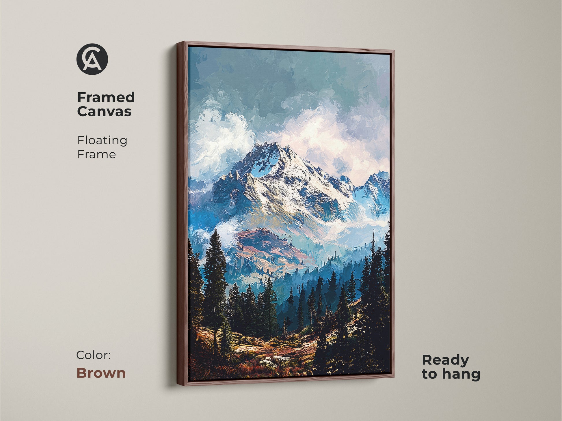 Framed canvas art with a floating frame in brown. This mountain art piece is a great addition to any home decor. It comes ready to hang. This framed mountain canvas brings nature indoors.