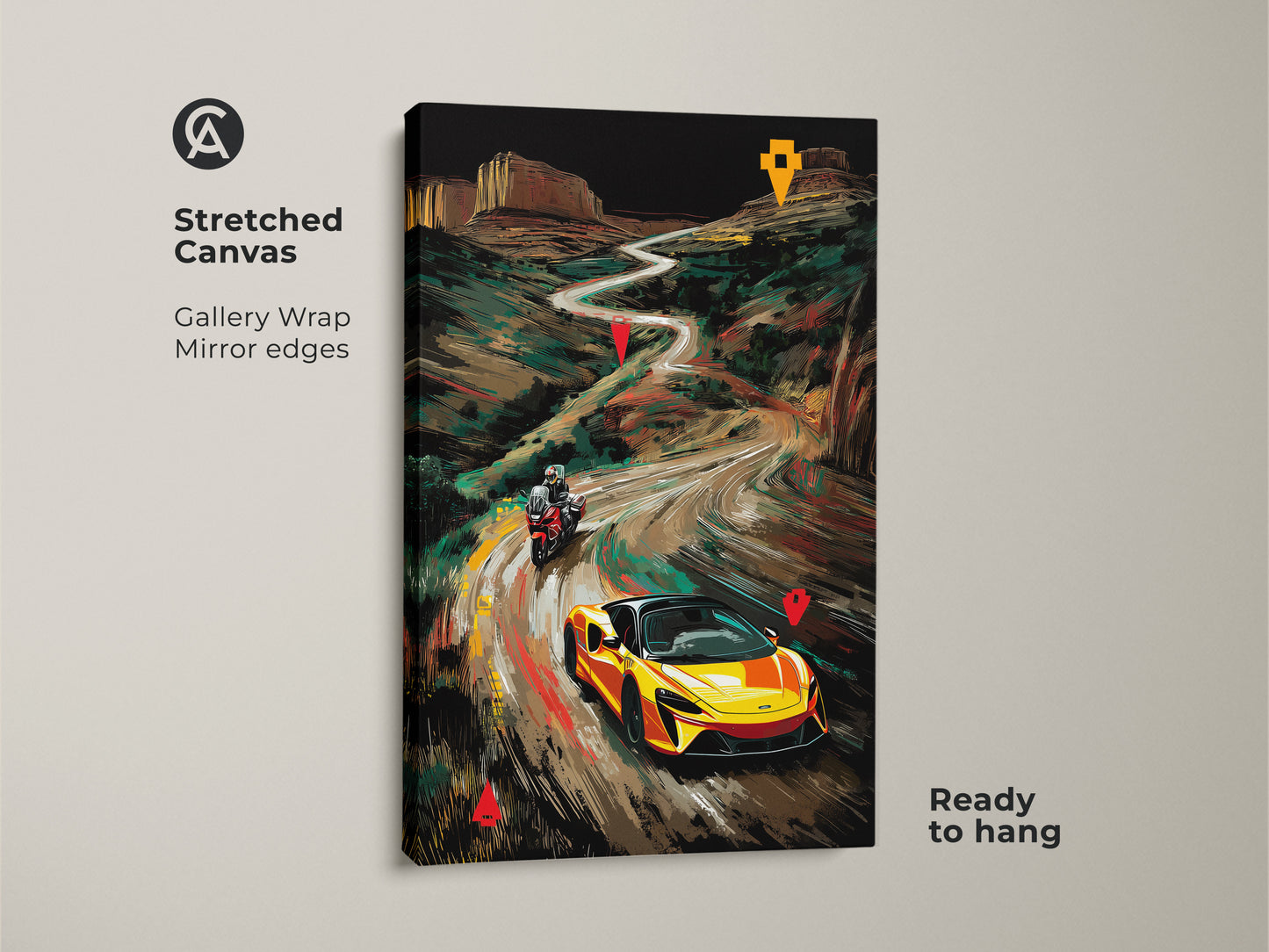 Stretched canvas gallery wrap of a yellow sports car and motorcycle landscape art. The mirror edges enhance this road trip wall decor making it ready to hang. This modern office artwork is a great gift for car enthusiasts. The vibrant car and bike art suits a garage man cave.