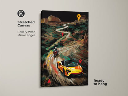 Stretched canvas gallery wrap of a yellow sports car and motorcycle landscape art. The mirror edges enhance this road trip wall decor making it ready to hang. This modern office artwork is a great gift for car enthusiasts. The vibrant car and bike art suits a garage man cave.