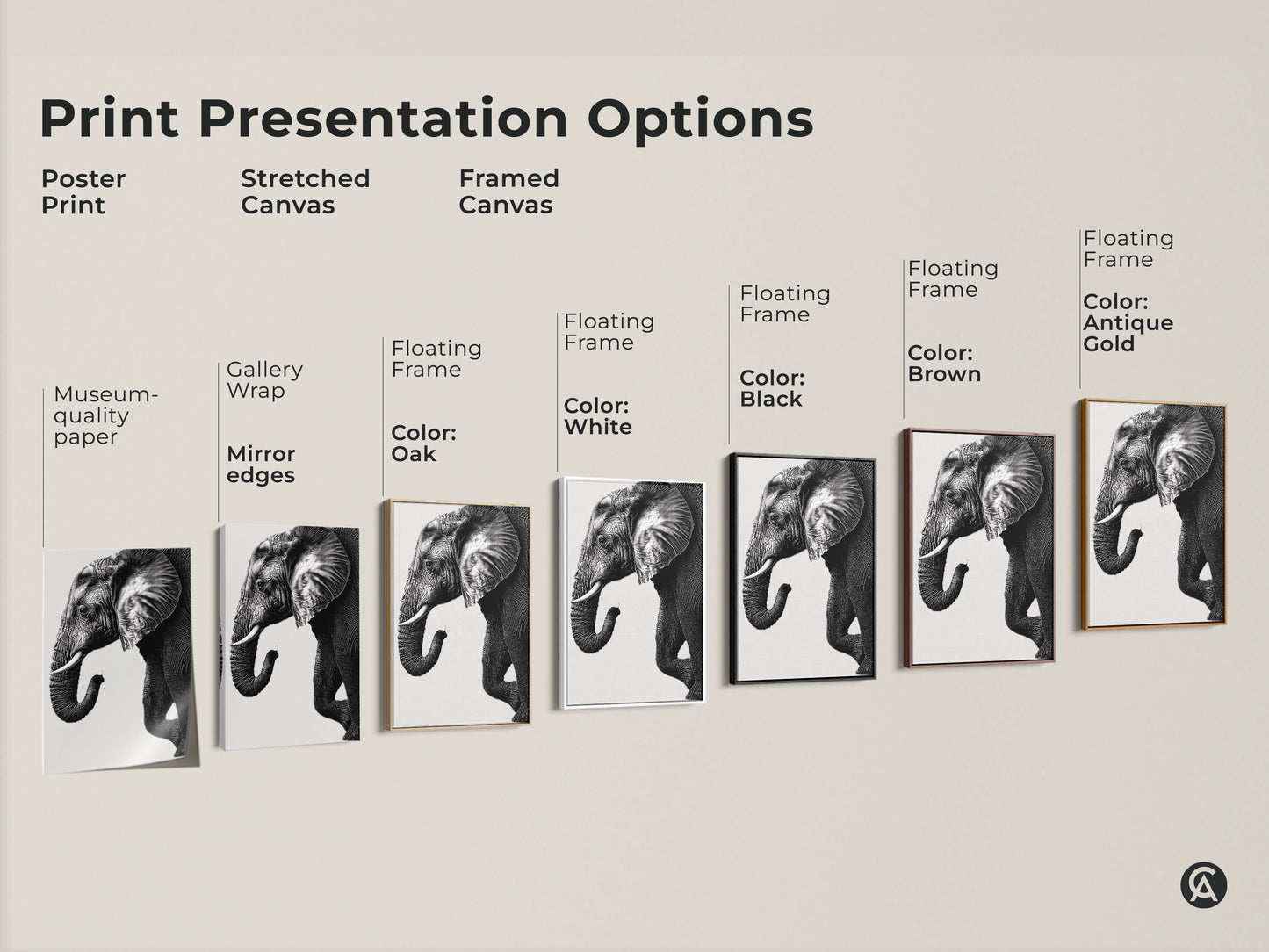 Explore print presentation options for minimalist elephant artwork. Choose from poster prints stretched canvas and framed canvas. Options include black and white wildlife wall decor.