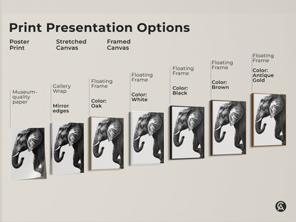 Explore print presentation options for minimalist elephant artwork. Choose from poster prints stretched canvas and framed canvas. Options include black and white wildlife wall decor.