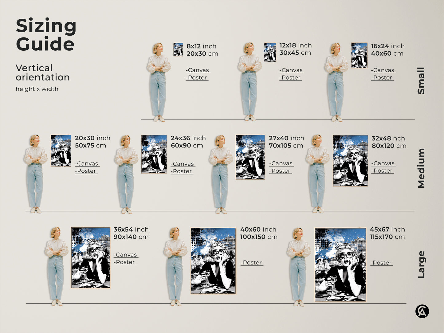 Sizing guide vertical orientation for a Pop Art woman canvas print. This modern artwork features a stylish woman with glasses in a blue and black cityscape. It is perfect for modern chic decor in a bedroom or office. A unique birthday gift for fashion lovers.