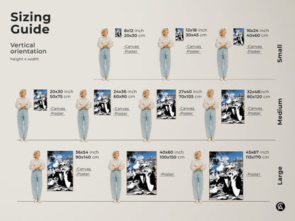 Sizing guide vertical orientation for a Pop Art woman canvas print. This modern artwork features a stylish woman with glasses in a blue and black cityscape. It is perfect for modern chic decor in a bedroom or office. A unique birthday gift for fashion lovers.