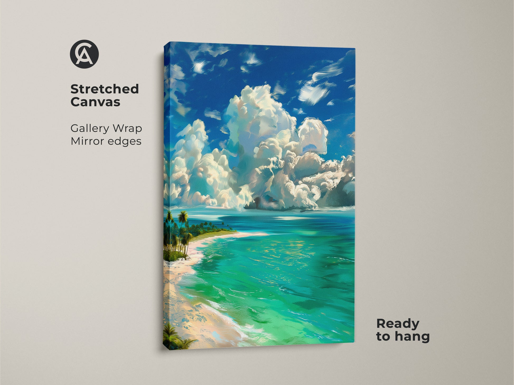 This stretched canvas print brings the tranquility of a tropical beach to your space. The gallery-wrapped canvas features a stunning seascape with turquoise waters white sand and palm trees. Ready to hang with mirrored edges.