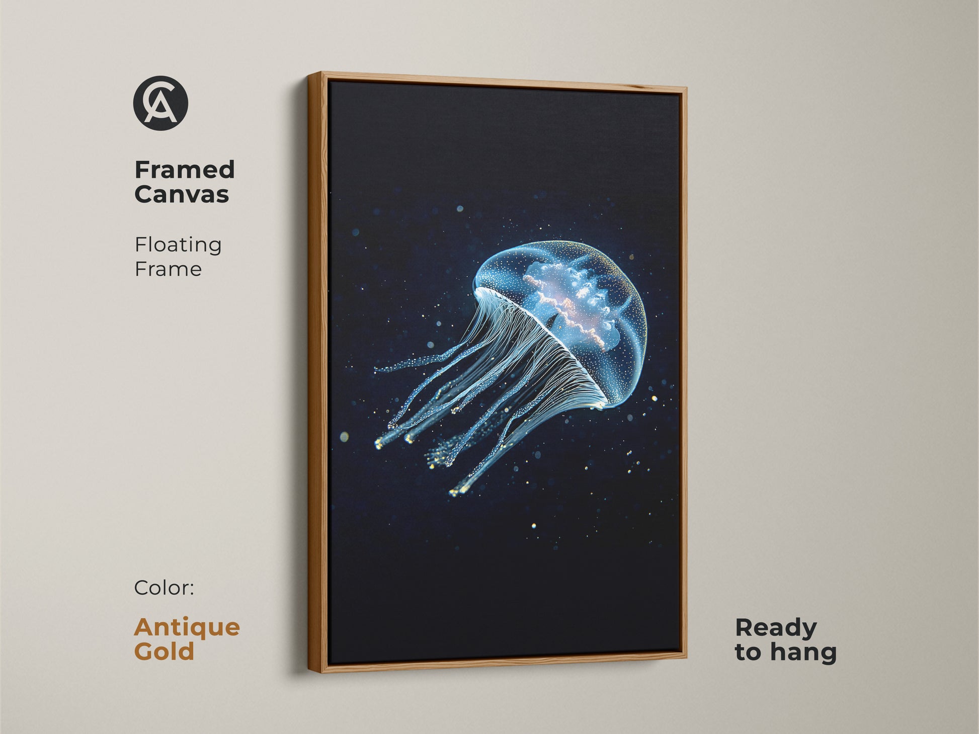 A framed canvas with an antique gold floating frame features abstract jellyfish art. The deep blue and cyan tones enhance the artwork. This marine life piece is ready to hang. It's a sophisticated gift for ocean art collectors.