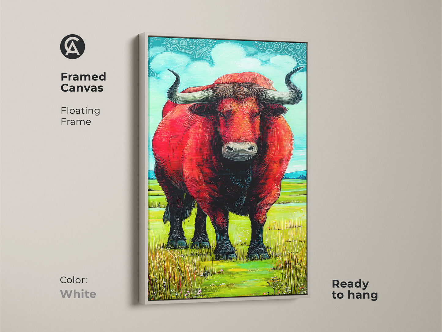The framed canvas with floating white frame showcases a striking red bull painting. Ready to hang this animal artwork adds a clean and modern touch. A perfect blend of nature-inspired art for your bedroom or living room it’s a great gift for ranchers.