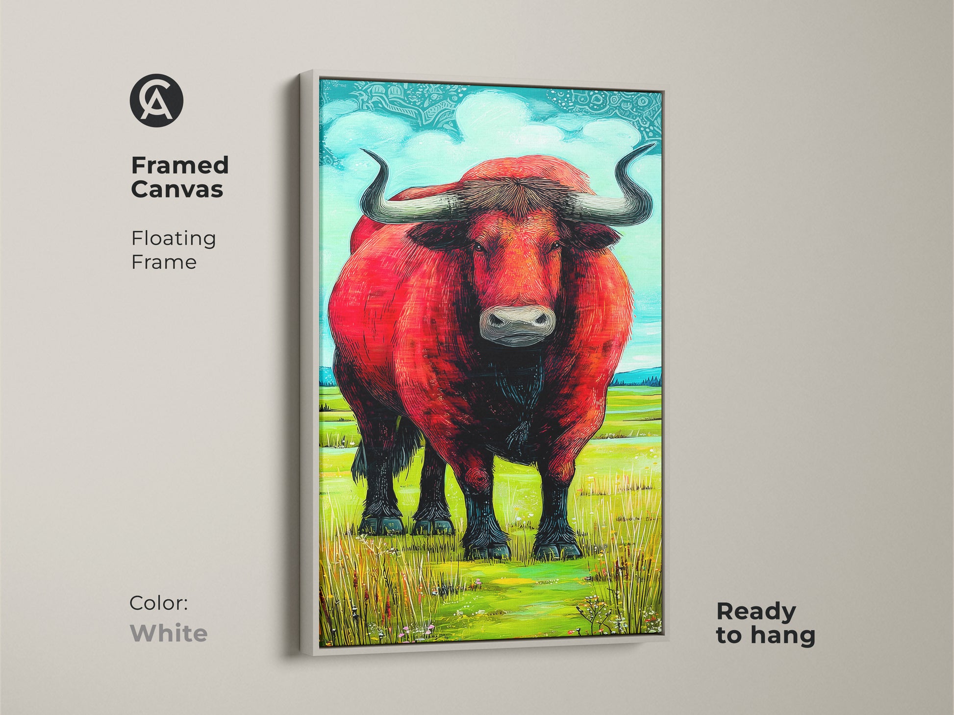 The framed canvas with floating white frame showcases a striking red bull painting. Ready to hang this animal artwork adds a clean and modern touch. A perfect blend of nature-inspired art for your bedroom or living room it’s a great gift for ranchers.