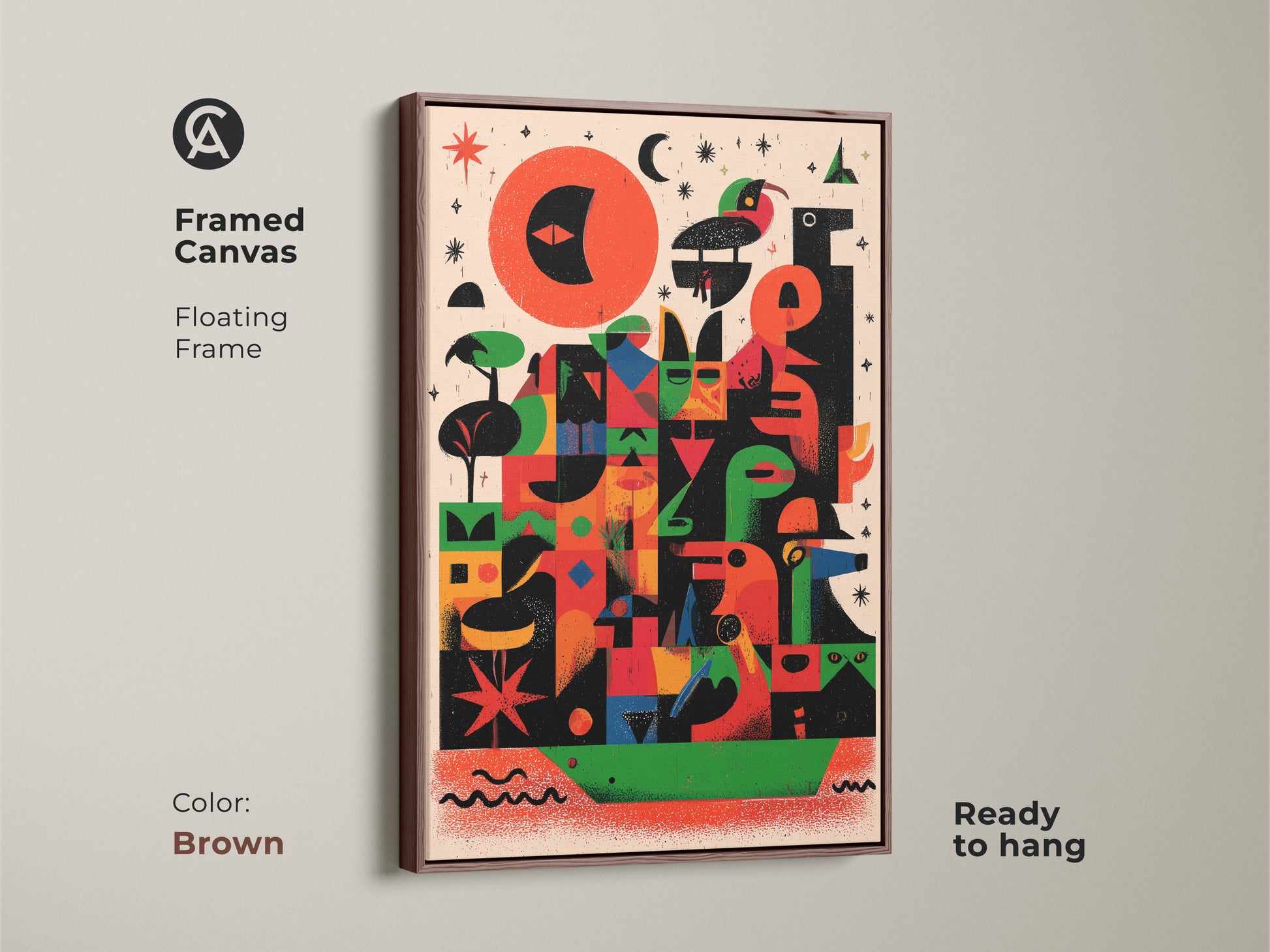 Framed canvas featuring abstract geometric bird artwork in a brown floating frame. This mid-century modern folk art print has eclectic red orange and green tones. Ready to hang this figurative animal art is perfect for a living room entryway or office adding unique wall decor and artistic flair. A great housewarming gift.