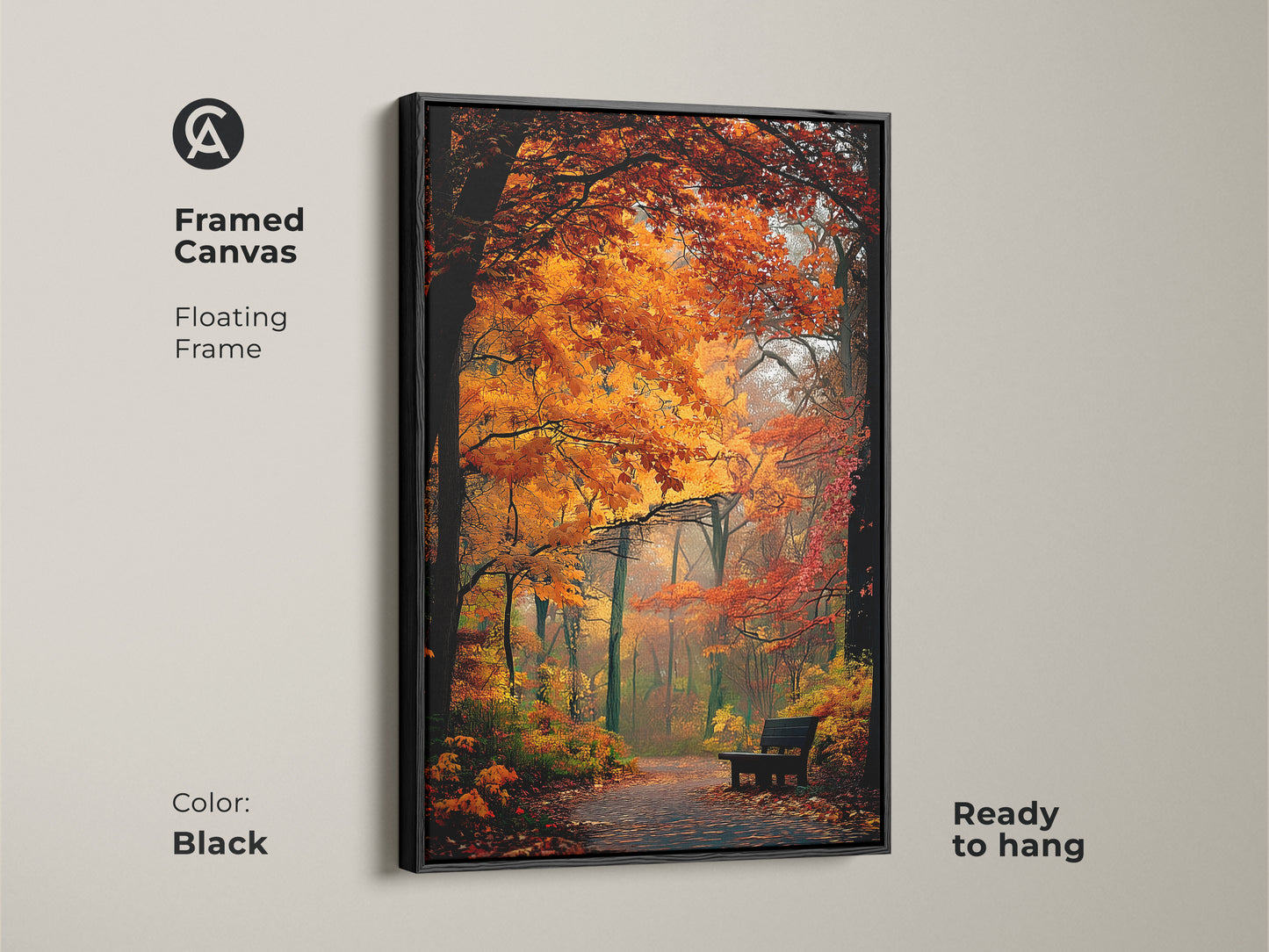 Framed canvas of a forest path in autumn. This floating frame is black. The fall foliage artwork is ready to hang. The framed art adds elegance to any room.