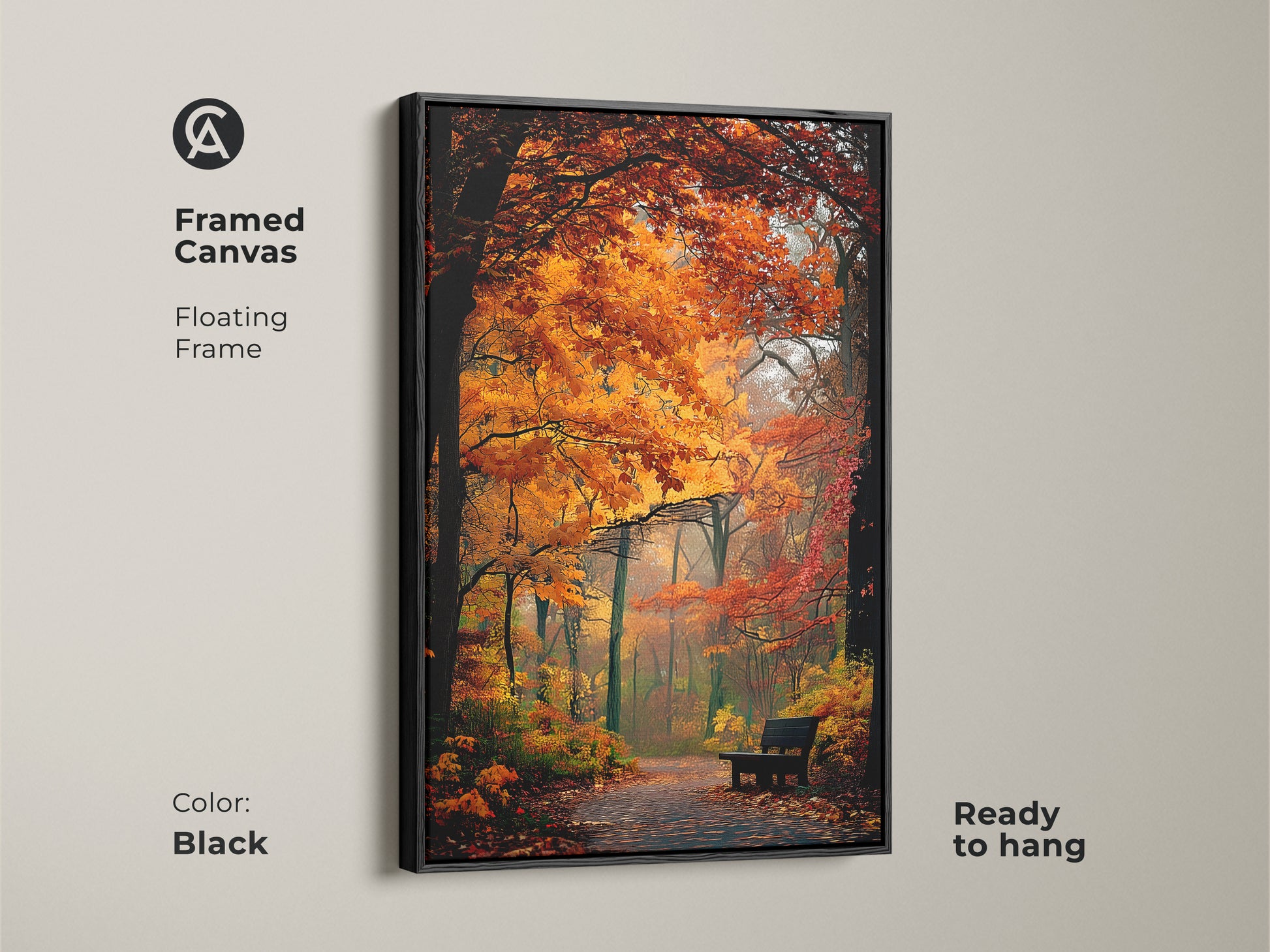 Framed canvas of a forest path in autumn. This floating frame is black. The fall foliage artwork is ready to hang. The framed art adds elegance to any room.