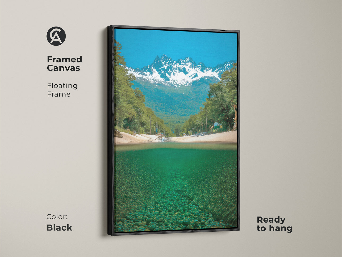 Enhance your decor with this framed canvas art featuring a mountain river scene. The floating frame and black color add a touch of elegance. Showcasing snowy peaks and teal water this piece brings nature indoors. Ready to hang this framed artwork is perfect for any room