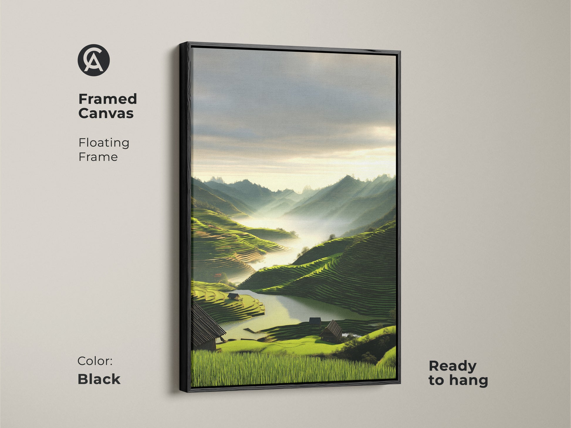 Black framed canvas featuring an emerald green terraced field. This mountain landscape art is ready to hang. The scenic nature artwork enhances residential interiors. A contemporary scenic wall art for modern nature inspired decor. A housewarming gift.
