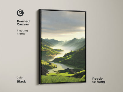 Black framed canvas featuring an emerald green terraced field. This mountain landscape art is ready to hang. The scenic nature artwork enhances residential interiors. A contemporary scenic wall art for modern nature inspired decor. A housewarming gift.
