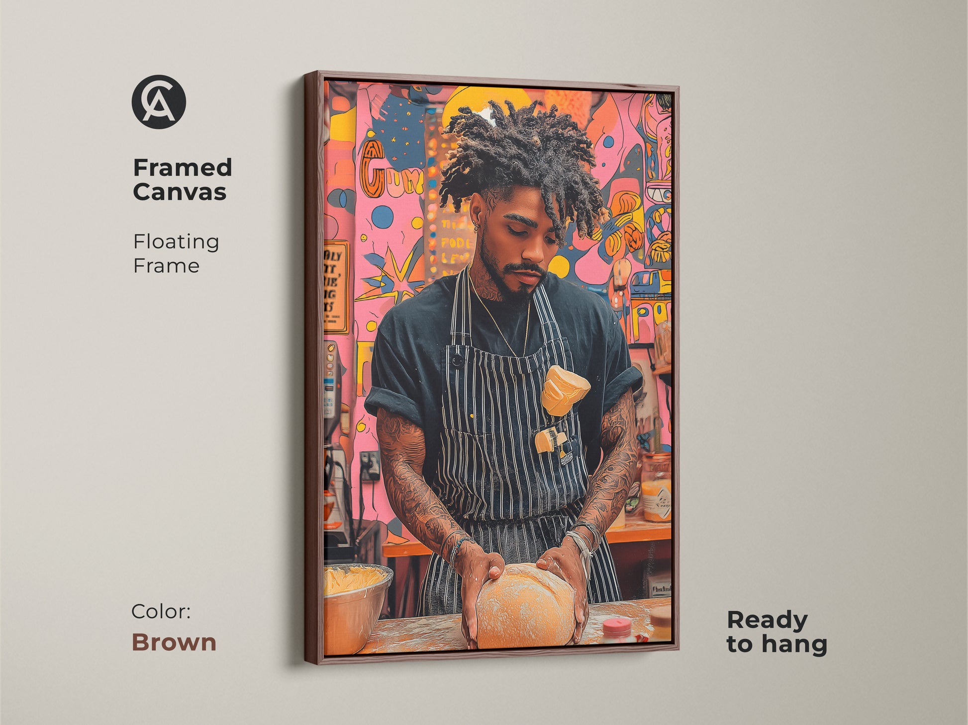 A framed canvas showcases a baker kneading dough artwork with a brown floating frame. It's a modern pop art piece adding warmth to any kitchen or dining area. The orange yellow and pink abstract elements in the artwork make it a unique piece. It is ready to hang for display.