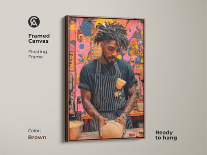 A framed canvas showcases a baker kneading dough artwork with a brown floating frame. It's a modern pop art piece adding warmth to any kitchen or dining area. The orange yellow and pink abstract elements in the artwork make it a unique piece. It is ready to hang for display.