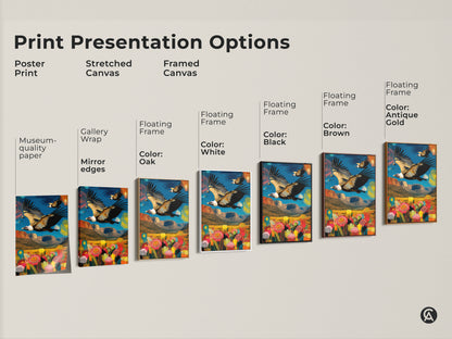 Explore print presentation options for the vulture canvas art. Choose from poster print stretched canvas or framed canvas. Options include gallery wrap museum-quality paper and various floating frame colors. Find the perfect style to match your eclectic home decor and wildlife art preferences.