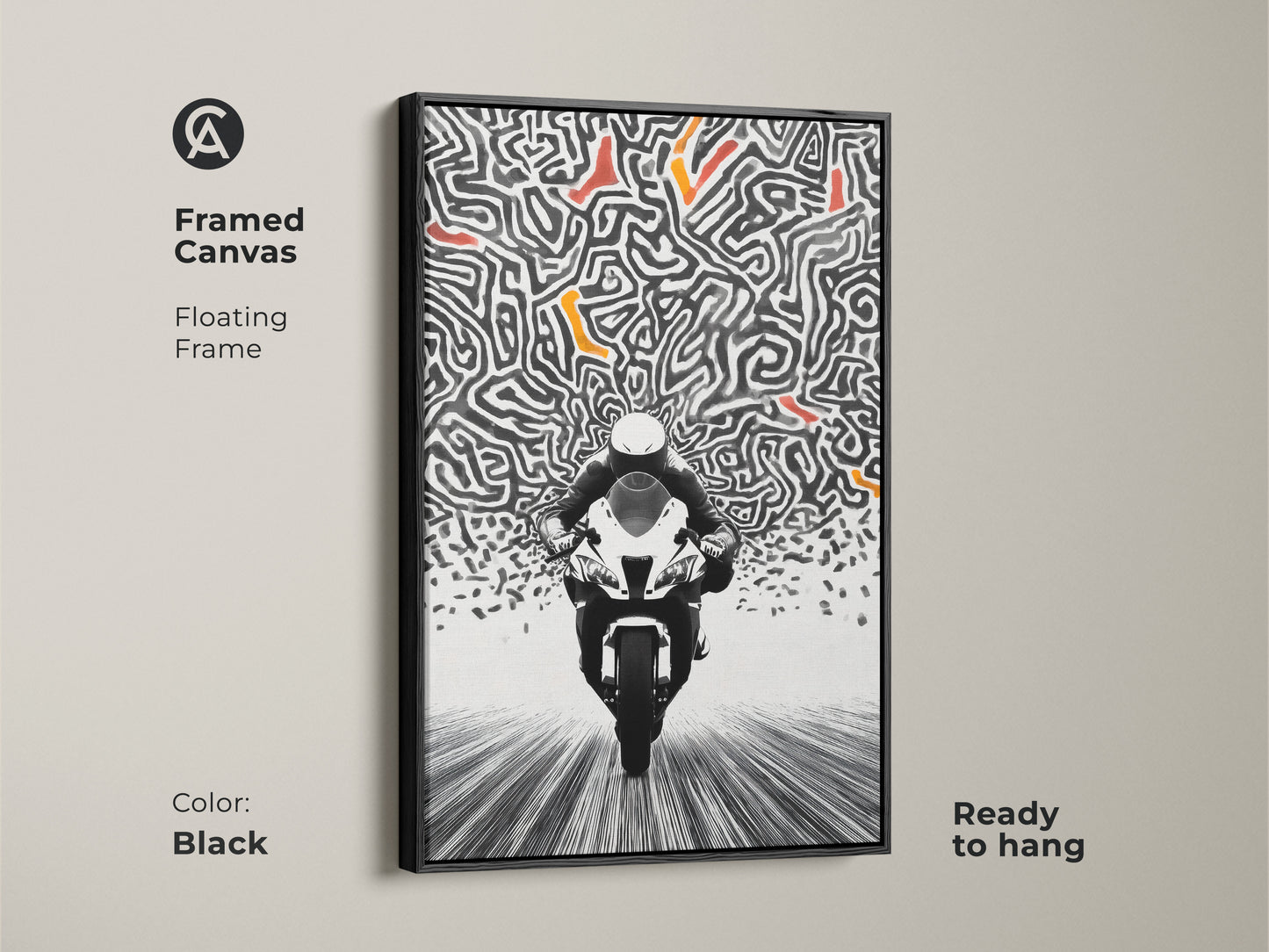 The framed canvas features striking motorcycle art. A floating black frame enhances the abstract maze artwork. The black and white art pops with orange accents. This ready-to-hang piece adds a modern edge to your decor. Ideal for enthusiasts of racing and contemporary aesthetics.