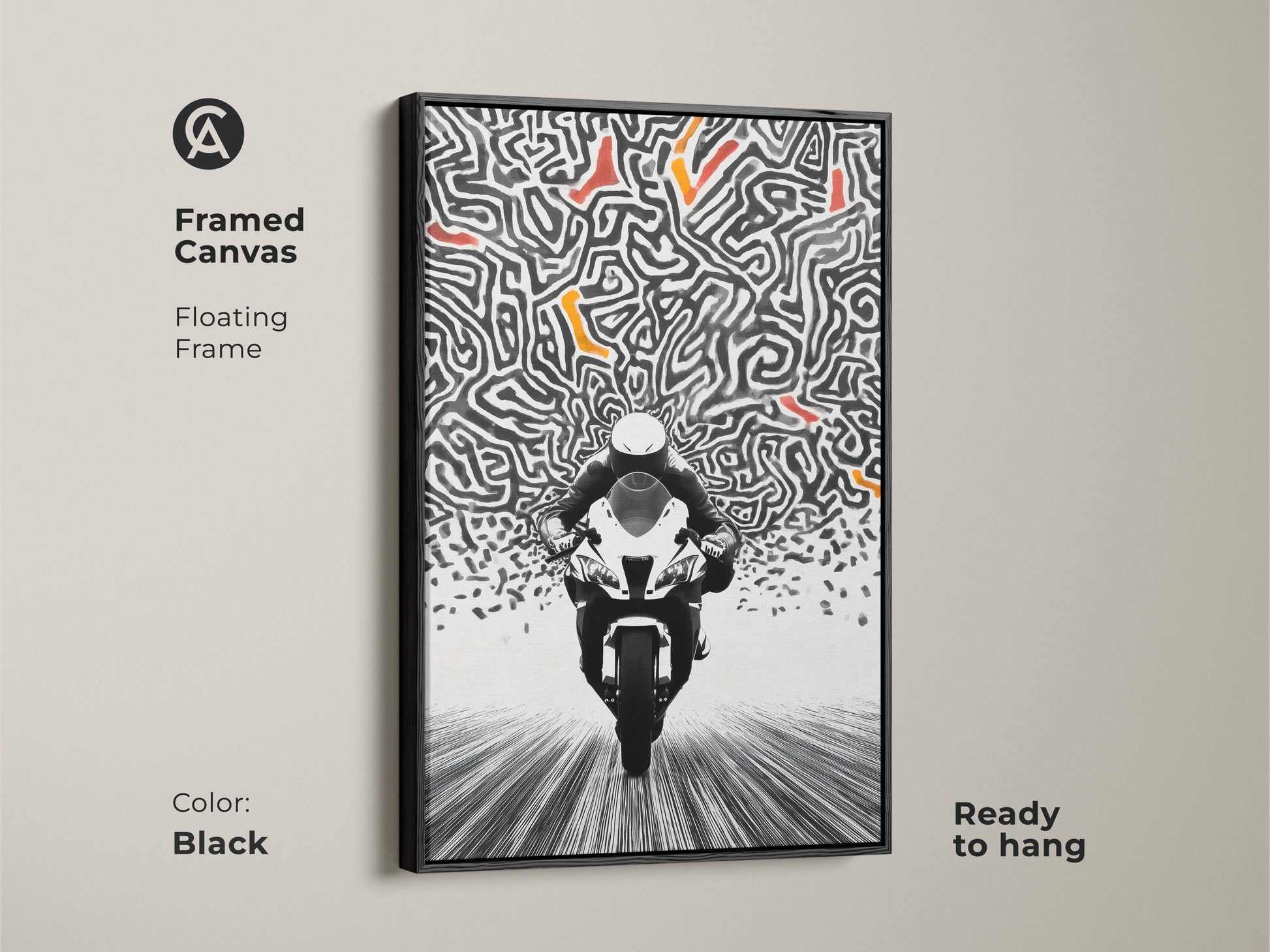 The framed canvas features striking motorcycle art. A floating black frame enhances the abstract maze artwork. The black and white art pops with orange accents. This ready-to-hang piece adds a modern edge to your decor. Ideal for enthusiasts of racing and contemporary aesthetics.