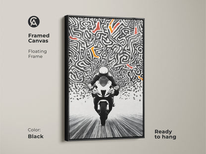 The framed canvas features striking motorcycle art. A floating black frame enhances the abstract maze artwork. The black and white art pops with orange accents. This ready-to-hang piece adds a modern edge to your decor. Ideal for enthusiasts of racing and contemporary aesthetics.