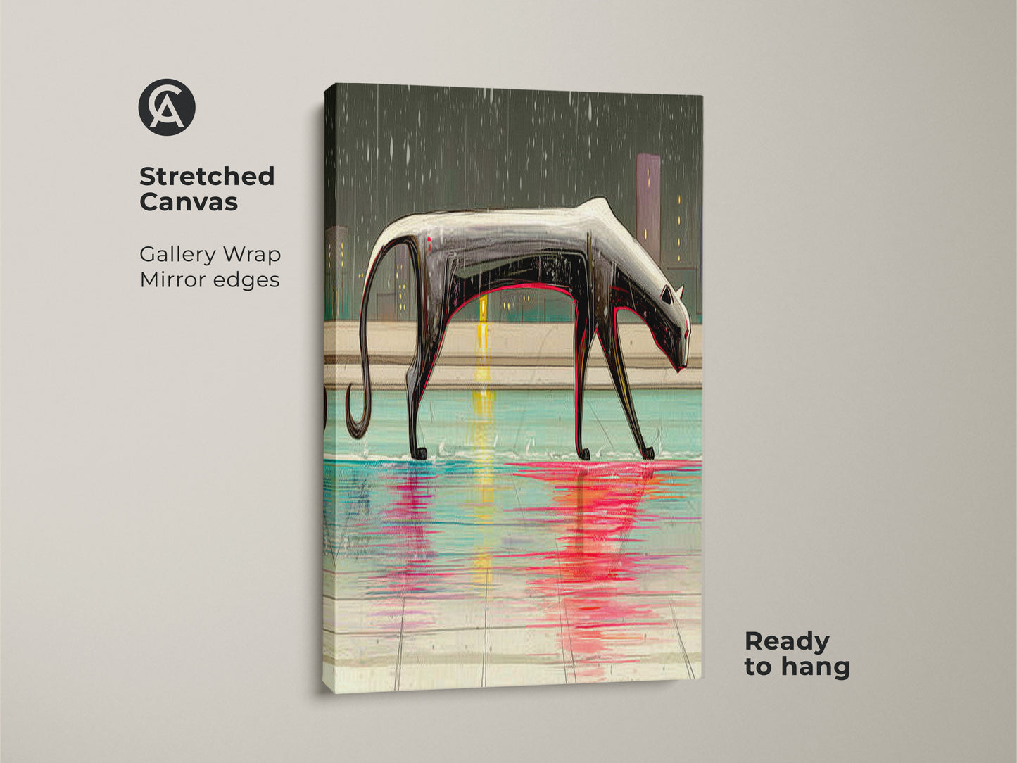 This is a stretched canvas art print of a surreal panther. The gallery wrap features mirrored edges. Ready to hang this crimson and teal animal art. Discover eclectic cityscape wall art for your home. A modern animal canvas for art lovers.