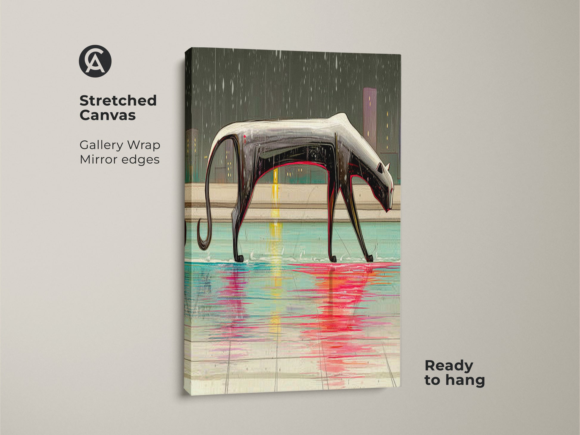 This is a stretched canvas art print of a surreal panther. The gallery wrap features mirrored edges. Ready to hang this crimson and teal animal art. Discover eclectic cityscape wall art for your home. A modern animal canvas for art lovers.