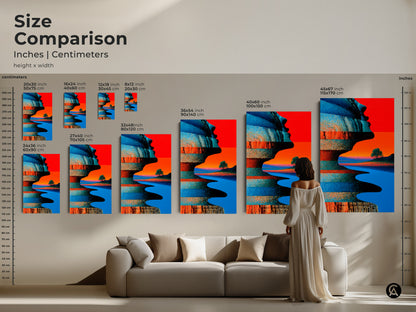 Compare sizes of our abstract artwork. See how the surreal landscape canvas print scales alongside furniture. From small accents to large statement pieces there is a size to fit your style. It will enhance any modern home decor.