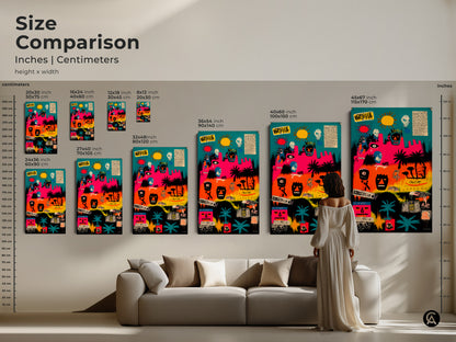 Compare sizes of this vibrant art to visualize how it fits in your space. From small to large options this piece can transform any room. See how it complements your furniture and decor.