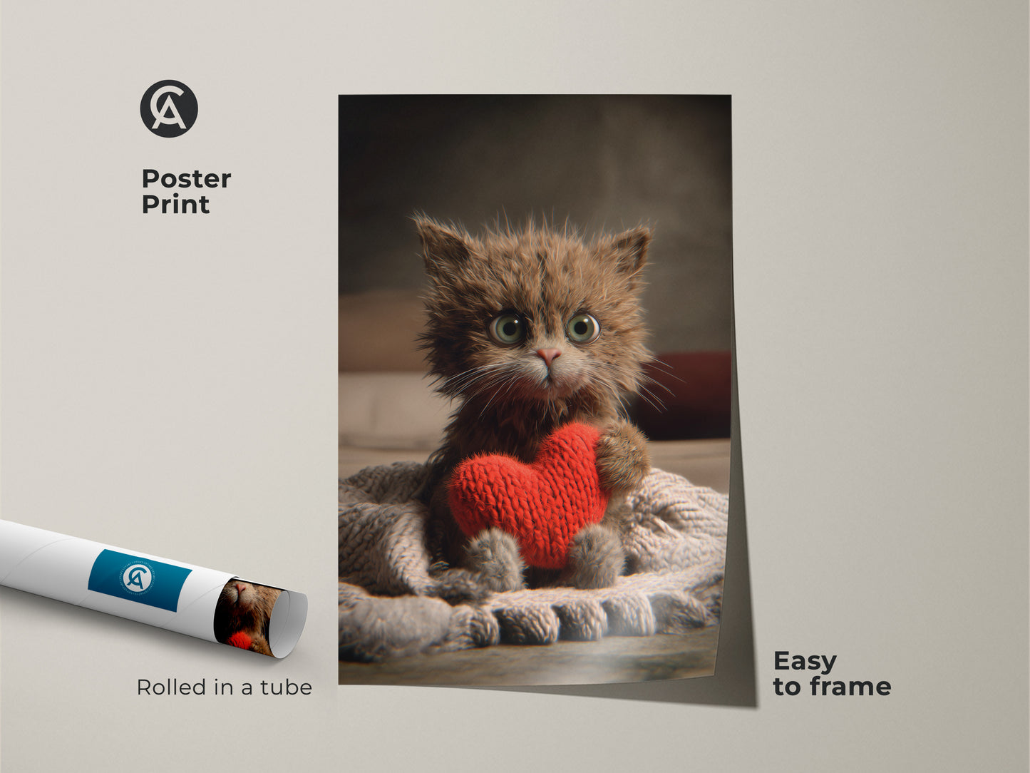 Poster print of a cute kitten holding a red heart. An easy-to-frame artwork rolled in a tube. It's a charming pet wall hanging for eclectic home decor. Ideal as a Valentine's Day gift or a whimsical addition to any cat lover's collection.